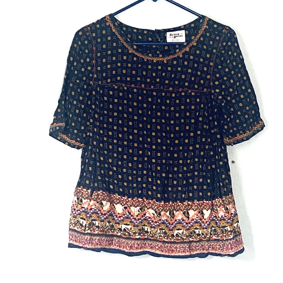 Anthropologie Holding Horses Top 6 Medium Blue Boho Western Short Sleeves Swing - Picture 1 of 7